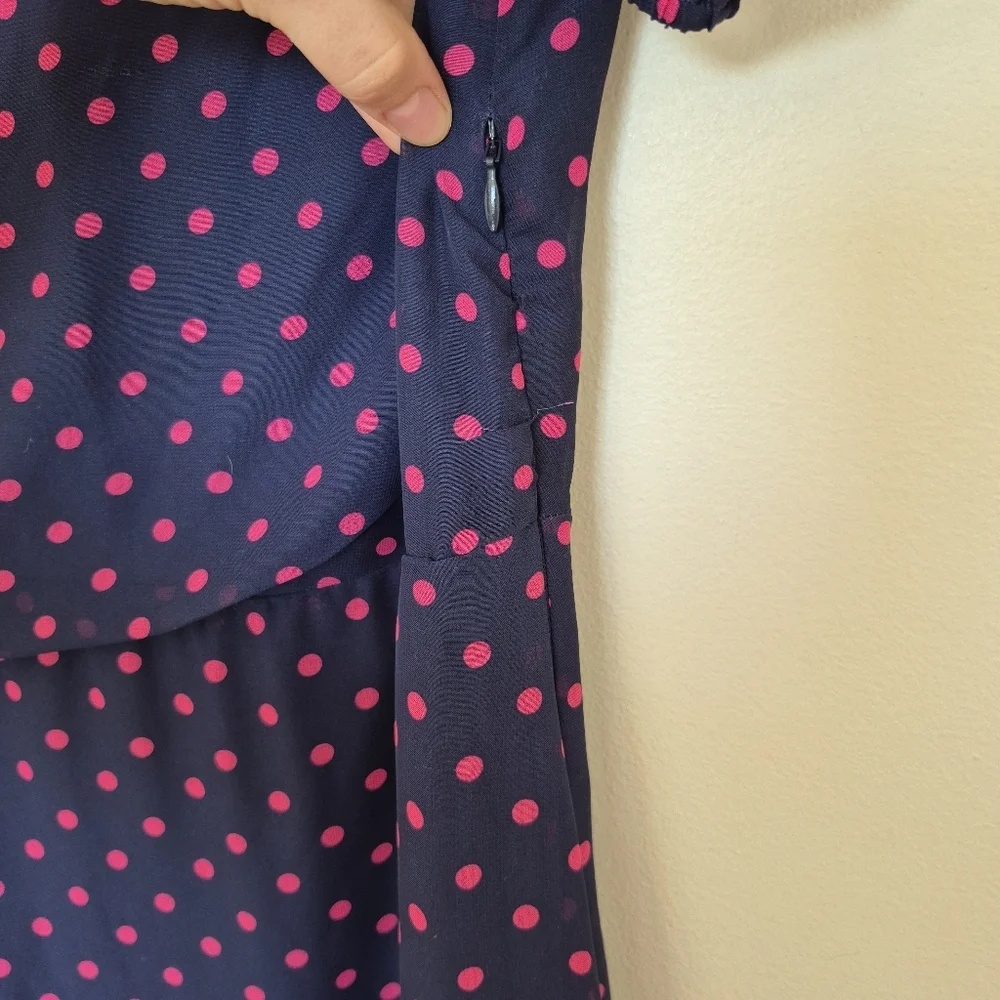 Laura Women's Feminine Navy & Pink Poka Dot Ruffle Asymmetrical Dress Size 4/S - Picture 6 of 9